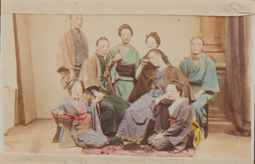 Shimooka Renjō, ‘Yakunin no jorō-kai (Officials buying prostitutes)’/ ‘Yakonins with their mistresses’, c.1867-70.