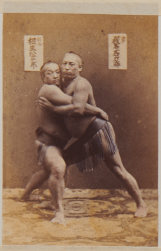 Shimooka Renjō, ‘Sumō no torikumi shōbu (wrestlers competing in a sumo bout)’/ ‘Wrestlers’, c.1867-70. The wrestlers Ayasegawa Sanzaemon (left) and Banjaku Rikikatsu (right) grapple in Shimooka’s studio.