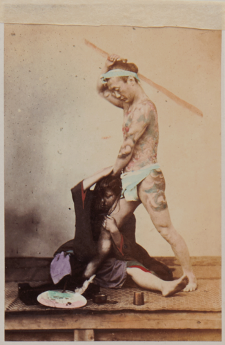 Shimooka Renjō, ‘Nihon fūfu kenka (Japanese marital quarrel)’/ ‘A bettoe beating his wife (…)’, c.1863-70.