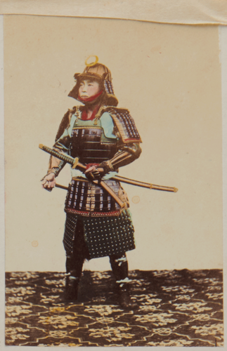 Charles Parker, ‘Dai-hatamoto no shutsujin (Senior retainer departing for battle)’/ ‘A warrior clad in complete armour’, c.1863-66.