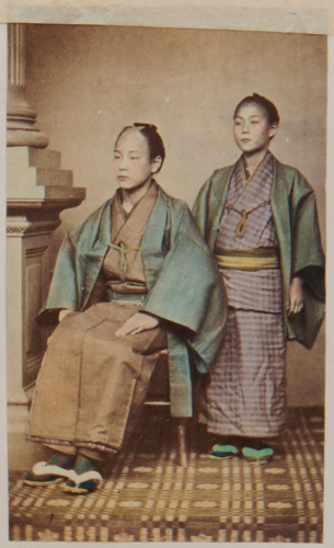 Shimooka Renjō, ‘Gofukuya ko (Child of a cloth merchant)’/ ‘Merchants’, c.1863-70. A carte showing one of Renjō’s Western-style studio props.