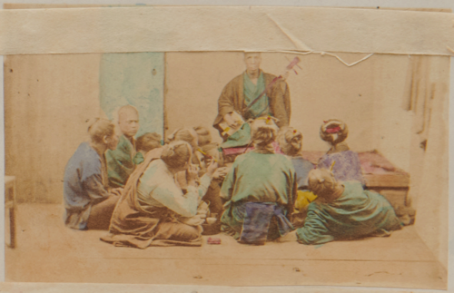 Shimooka Renjō, ‘Shisaku musume (Girl composing poetry)’/ ‘Engaged’, c.1863-70. This is another example in this album of the subject of the photograph not matching its caption.