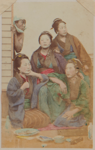 Shimooka Renjō, ‘Nagaya musume kugatsu no tsukimi (Girls of a nagaya viewing the moon in September)’/ ‘Moon & star gazers’, c.1863-65.  The term nagaya normally described tenement dwellings, but in Renjō’s portfolio they usually seem to refer to cheap brothels housing low-ranking prostitutes.