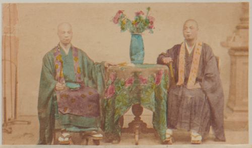Shimooka Renjō, ‘Tsūji sannin onna kyōdai (Three sisters of an interpreter)’/ ‘An Interpreter’s sisters at the custom house’ (sic), c.1863-70. The original captions to this carte before it was moved to its present location in the album were: ‘Bōzu - sunawachi Zenshū (Buddhist priests - namely of the Zen sect)’/ ‘Buddhist Priests’.