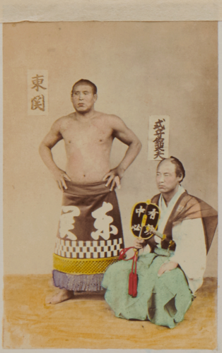 Shimooka Renjō, ‘Gyōji (Umpire)’; ‘Sumōtori (Sumo wrestler)’/ ‘Wrestlers’, c.1863-70.